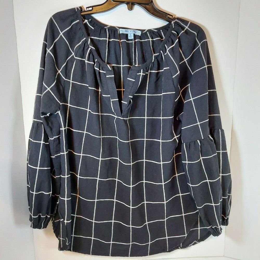She & Sky Women’s Top Size Large Black White Plaid Bell Sleeve 100% Cotton